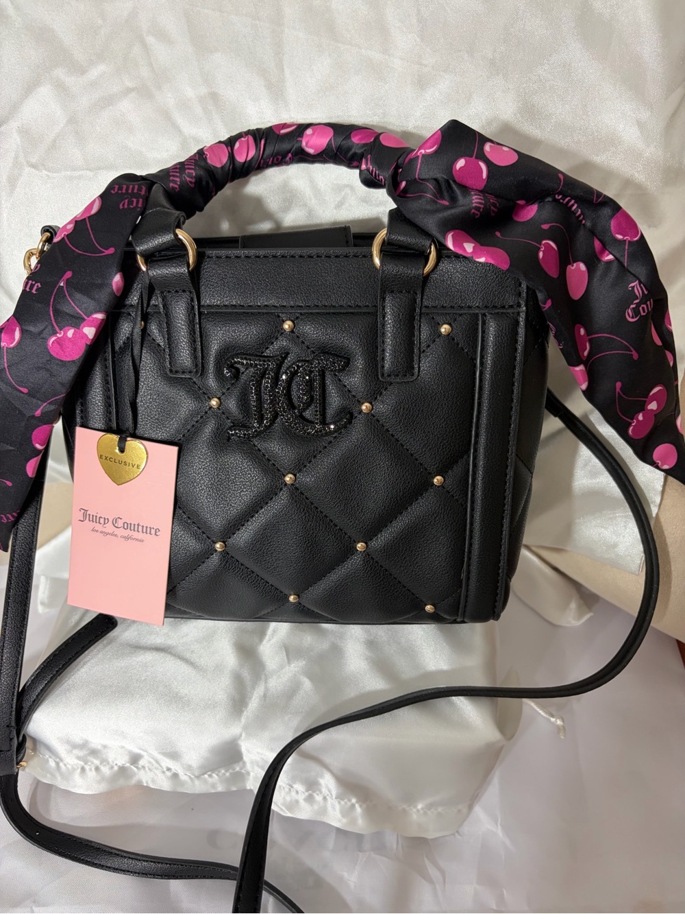 NWT Juicy Couture (Exclusive) Black Quilted Mini Satchel with Cherry Scarf